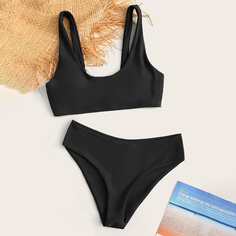 Однотонный купальник бикини с круглым воротником Shein