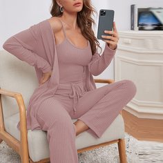 Трикотажный пижамный комплект майка, брюки и халат 3шт Shein