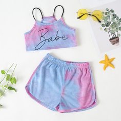 Разноцветные шорты и майка с текстовым принтом для девочек Shein