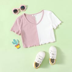 Контрастная трикотажная футболка для девочек Shein