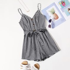 Однобортный комбинезон в клетку с поясом Shein