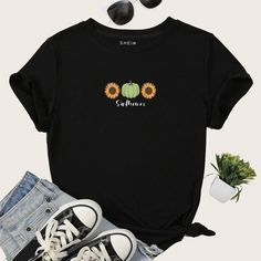 Цветочный Повседневный Футболки Shein