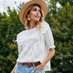 с оборками Одноцветный Бохо Блузы Shein