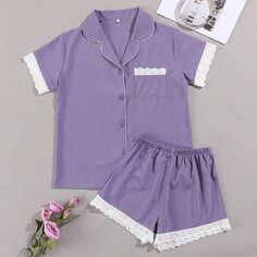 Ажурная вышивка Контрастный цвет Элегантный Комплект пижамы Shein