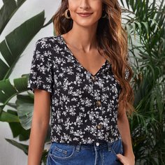 Топ с цветочным принтом и пуговицами Shein