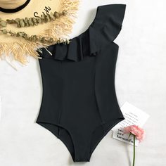 Слитный купальник на одно плечо с оборками Shein