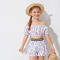 Блузка с открытыми плечами и шорты с цветочным принтом для девочек Shein
