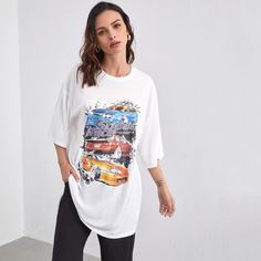 Длинная футболка с принтом машины Shein