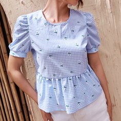 Пуговица Клетка Бохо Блузы Shein