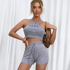 Вязаный топ с текстовой вышивкой и шорты на кулиске Shein