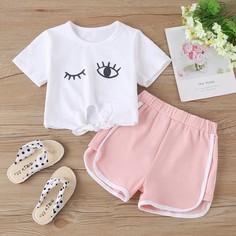 Футболка с принтом глаз и спортивные шорты для девочек Shein