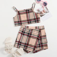 Майка и шорты в клетку для девочек Shein