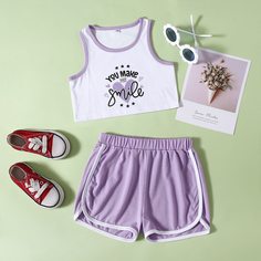 Майка с оригинальным принтом и шорты для девочек Shein