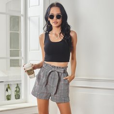 Шорты в клетку с поясом и присборенной талией Shein