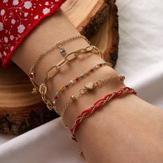 Цепной браслет с бусами и декором сердечка 5шт Shein