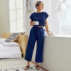 Топ и брюки с карманом и поясом Shein