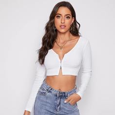 Трикотажная короткая футболка на молнии Shein