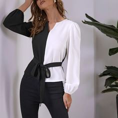 Двухцветный топ с поясом Shein