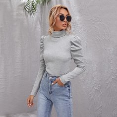 Вязаная футболка в рубчик с высоким воротником Shein