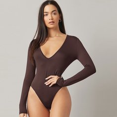 Однотонное боди с глубоким воротником Shein