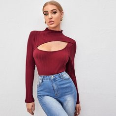 Вязаная футболка в рубчик с разрезом Shein