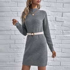 трикотажный Одноцветный Повседневный Платья-свитеры Shein