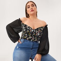 Топ размера плюс с открытыми плечами и цветочным принтом Shein