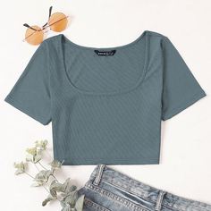 трикотажный Одноцветный Повседневный Футболки Shein