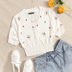 с вышивкой Со цветочками Повседневный Кардиганы Shein