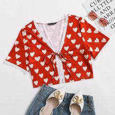 Контрастные кружева Сердечко Бохо Женские топы Shein