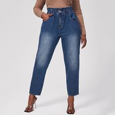 с карманами Одноцветный Джинсы размер плюс Shein