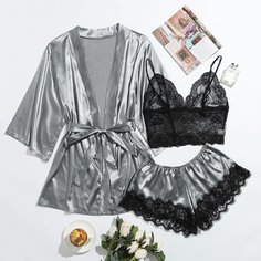 3 пакета комплект нижнего белья и атласный халат размера плюс Shein