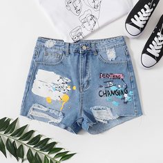 Рваные джинсовые шорты с принтом Shein