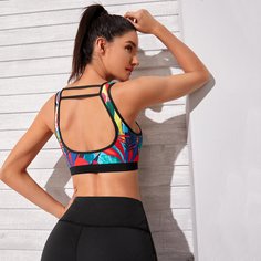 Открытая спина Растения Спортивные бюстгальтеры Shein