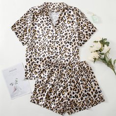 Атласная пижама размера плюс с леопардовым принтом Shein