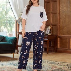 Пижама размера плюс с карманом и цветочным принтом Shein