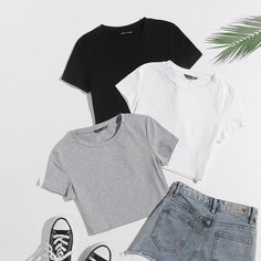 Однотонная короткая футболка 3шт Shein
