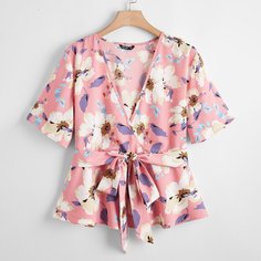 Блузка размера плюс с поясом и цветочным принтом Shein