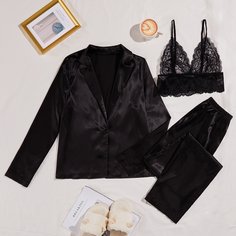 на пуговицах Одноцветный Элегантный Комплект пижамы Shein