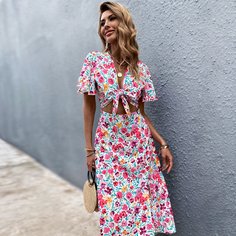с разрезом Цветочный принт Бохо Платье Shein