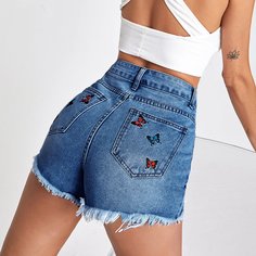 Джинсовые шорты с вышивкой бабочки Shein