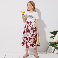 Футболка с текстовым принтом и юбка с цветочным принтом для девочек Shein