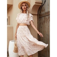 Короткий топ с оборкой и многослойная юбка с цветочным принтом Shein