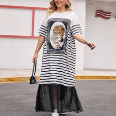 С оборками Полосатый Повседневный Платья размер плюс Shein