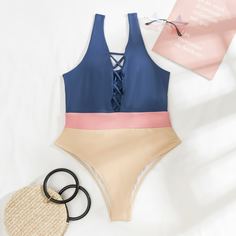 Контрастный слитный купальник Shein