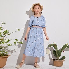 Юбка и короткий топ в полоску с цветочным принтом для девочек Shein