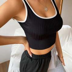 Вязаная майка в рубчик с глубоким крыглым воротником Shein