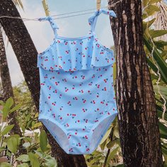 Слитный купальник с оборками ипринтом вишни для девочек Shein