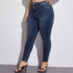 с карманами Одноцветный Повседневный Джинсы размер плюс Shein