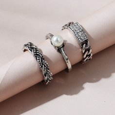 3шт кольцо со стразами и искусственным жемчугом Shein